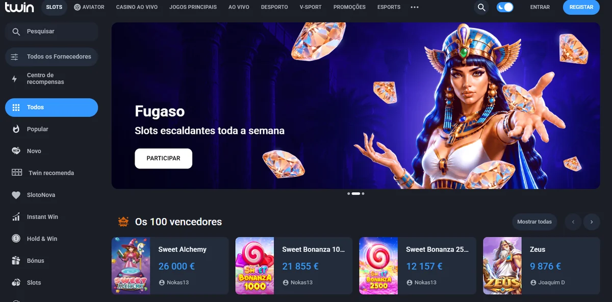 Interface do Twin Casino com secção de slots e promoções