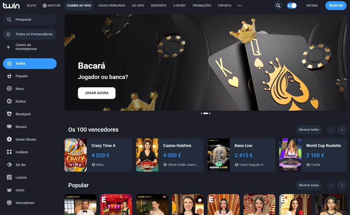Mesas de casino ao vivo com dealers reais na Twin